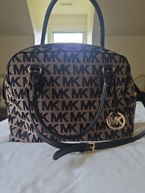 Michael Kors Brown and Black MK Logo Dome Satchel with Gold Hardware